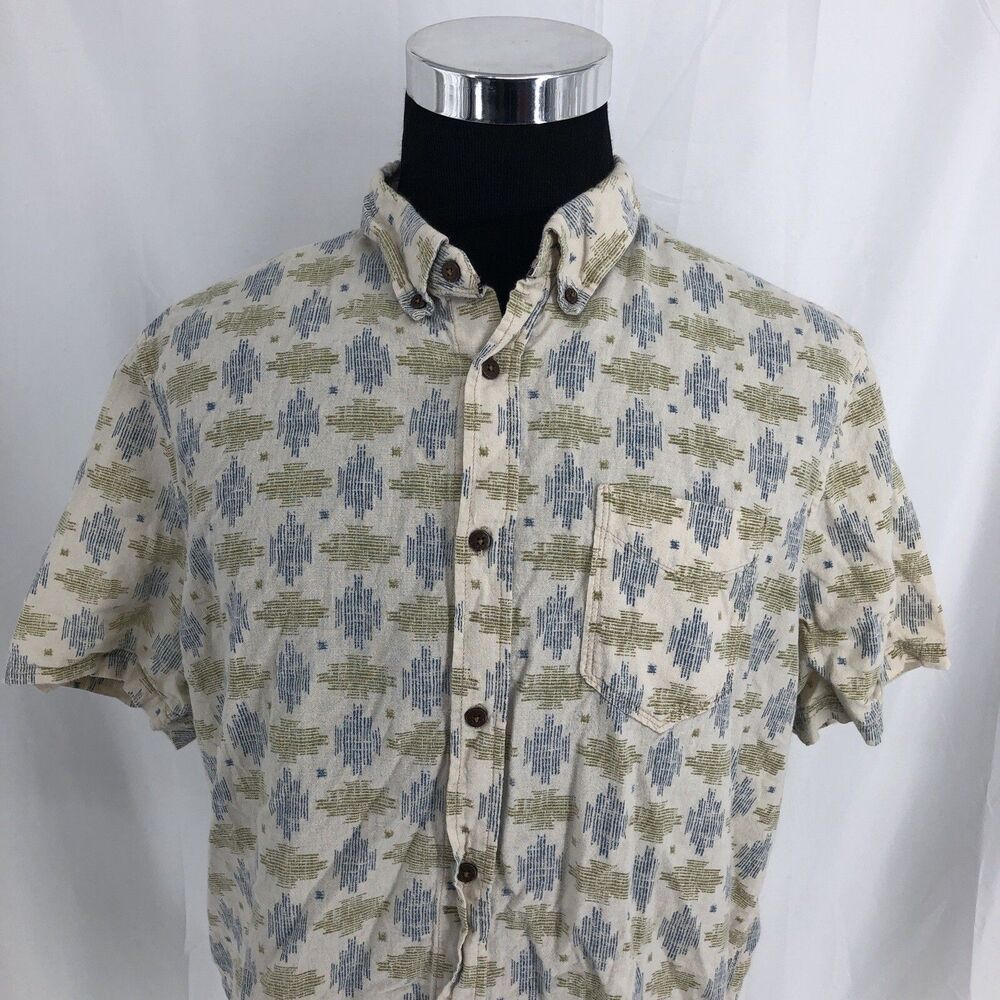 Jeremiah Green Blue Southwestern Aztec Button Down Short Sleeve Linen Shirt XL